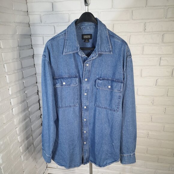Dakota Men's Size Large Medium Wash Pearl Snap Front Closure & Cuffs Jean Shirt - Picture 1 of 11